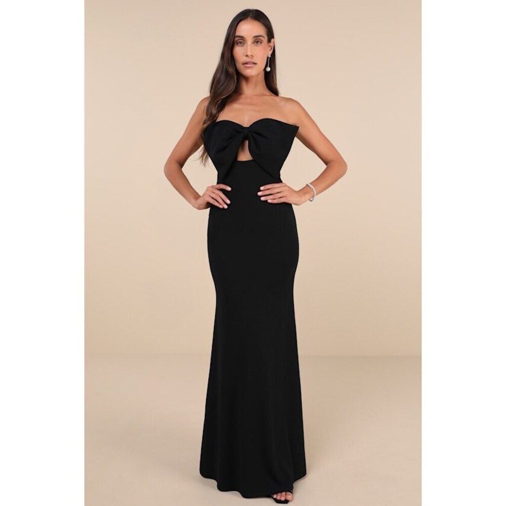 Lulus Coveted Glamour Black Strapless Bow Mermaid Maxi Dress - Size XS
